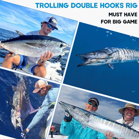 Double Hooks Rig for Trolling Chunking,4pcs Saltwater Trolling Hooks Stainless Steel Double Trolling Hooks Large Big Game Fishing Hooks for Marlin Shark Tuna Wahoo Dorado Fishing in Saudi Arabia