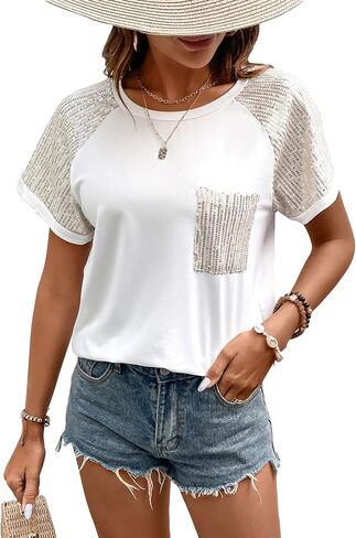 SOLY HUX Women's Contrast Sequin T Shirts Short Sleeve Round Neck Pocket Tee Tops in Saudi Arabia