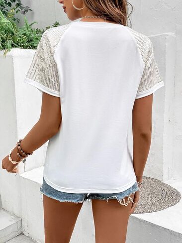 SOLY HUX Women's Contrast Sequin T Shirts Short Sleeve Round Neck Pocket Tee Tops in Saudi Arabia