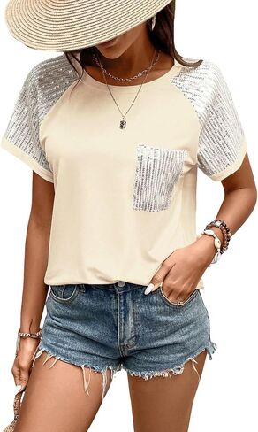 SOLY HUX Women's Contrast Sequin T Shirts Short Sleeve Round Neck Pocket Tee Tops in Saudi Arabia