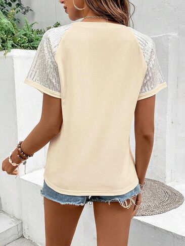 SOLY HUX Women's Contrast Sequin T Shirts Short Sleeve Round Neck Pocket Tee Tops in Saudi Arabia