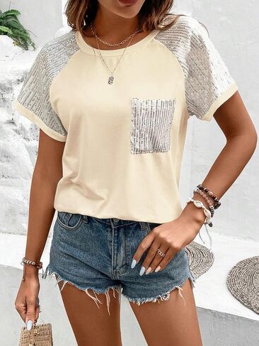 SOLY HUX Women's Contrast Sequin T Shirts Short Sleeve Round Neck Pocket Tee Tops in Saudi Arabia