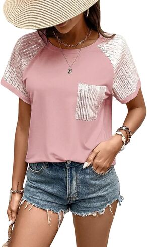 SOLY HUX Women's Contrast Sequin T Shirts Short Sleeve Round Neck Pocket Tee Tops in Saudi Arabia