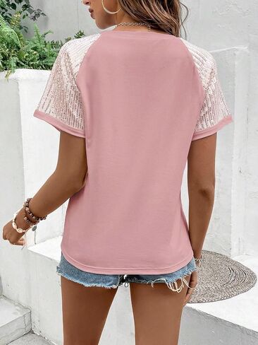 SOLY HUX Women's Contrast Sequin T Shirts Short Sleeve Round Neck Pocket Tee Tops in Saudi Arabia