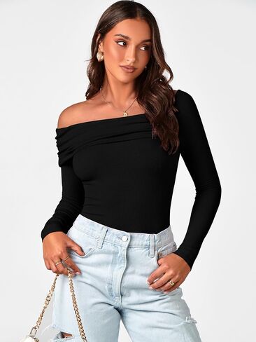 MASCOMODA Womens Tops One Off Shoulder Long Sleeve Shirts Trendy Ribbed Knit Ruched Going Out Blouse Slim Fitted Tee Shirts in Kuwait