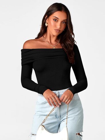 MASCOMODA Womens Tops One Off Shoulder Long Sleeve Shirts Trendy Ribbed Knit Ruched Going Out Blouse Slim Fitted Tee Shirts in Kuwait