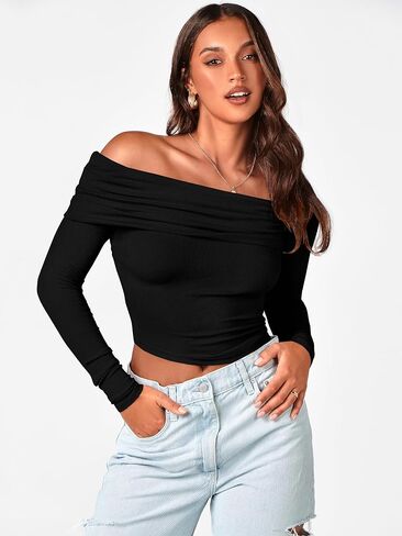 MASCOMODA Womens Tops One Off Shoulder Long Sleeve Shirts Trendy Ribbed Knit Ruched Going Out Blouse Slim Fitted Tee Shirts in Kuwait