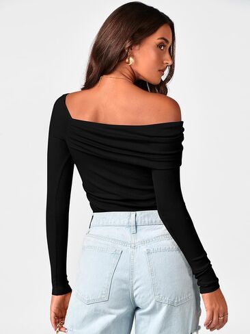 MASCOMODA Womens Tops One Off Shoulder Long Sleeve Shirts Trendy Ribbed Knit Ruched Going Out Blouse Slim Fitted Tee Shirts in Kuwait