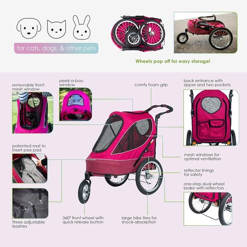 Petique Pet Jogger/Stroller, Bike Trailer, Shock Absorbing Bike Wheels, Large Entry Way, Peek-a-Boo Window, Small/Medium/Large Dogs, Cats and Pets, Supports up to 77LBS in Kuwait