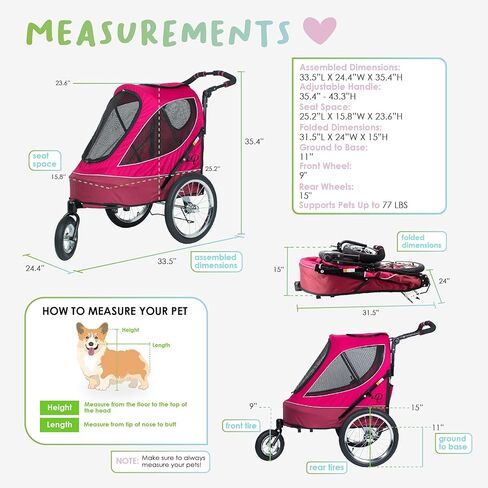 Petique Pet Jogger/Stroller, Bike Trailer, Shock Absorbing Bike Wheels, Large Entry Way, Peek-a-Boo Window, Small/Medium/Large Dogs, Cats and Pets, Supports up to 77LBS in Kuwait