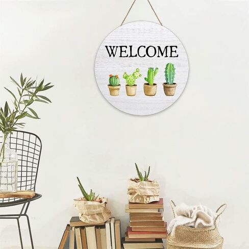 Cactus Welcome Wood Wreath Sign for Front Door Outside Funny Wooden Door Sign For Front Porch Decor Cactus Round Wooden Door Hanger Wall Decor 12x12 Inch in Saudi Arabia