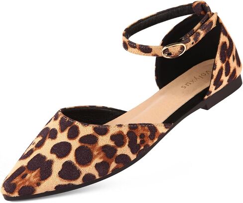 Women's Pointed Toe Flats Comfortable Ankle Strap Ballet Flats Leopard Print Suede Dress Flats Shoes for Casual Work in Saudi Arabia