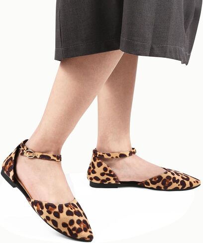 Women's Pointed Toe Flats Comfortable Ankle Strap Ballet Flats Leopard Print Suede Dress Flats Shoes for Casual Work in Saudi Arabia