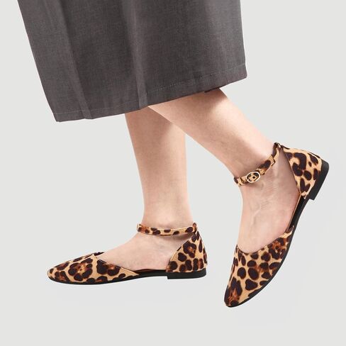 Women's Pointed Toe Flats Comfortable Ankle Strap Ballet Flats Leopard Print Suede Dress Flats Shoes for Casual Work in Saudi Arabia