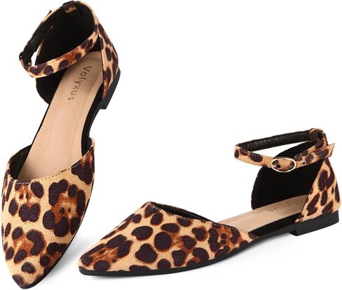 Women's Pointed Toe Flats Comfortable Ankle Strap Ballet Flats Leopard Print Suede Dress Flats Shoes for Casual Work in Saudi Arabia