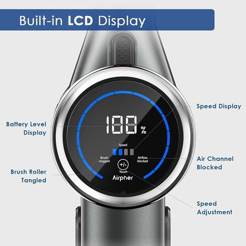 مكنسة كهربائية لاسلكية مع بطاريتين، مكنسة كهربائية بقدرة 450 وات 33 كيلو باسكال تصل إلى 100 دقيقة، مكنسة كهربائية لاسلكية خفيفة الوزن مع محرك بدون فرشاة بشاشة عرض LED لسجاد شعر الحيوانات الأليفة والأرضيات الصلبة (رمادي) in Kuwait