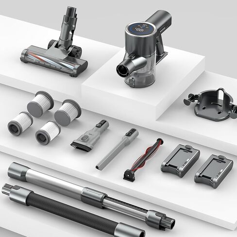 مكنسة كهربائية لاسلكية مع بطاريتين، مكنسة كهربائية بقدرة 450 وات 33 كيلو باسكال تصل إلى 100 دقيقة، مكنسة كهربائية لاسلكية خفيفة الوزن مع محرك بدون فرشاة بشاشة عرض LED لسجاد شعر الحيوانات الأليفة والأرضيات الصلبة (رمادي) in Kuwait
