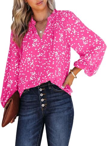 BLENCOT Women's Casual Boho Floral Print Chiffon Blouses Smocked V Neck Long Sleeve Loose Tops Shirts in Kuwait