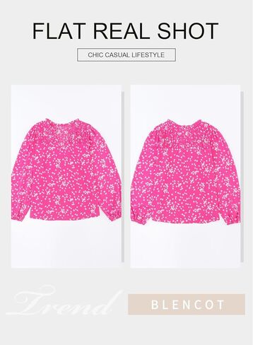 BLENCOT Women's Casual Boho Floral Print Chiffon Blouses Smocked V Neck Long Sleeve Loose Tops Shirts in Kuwait