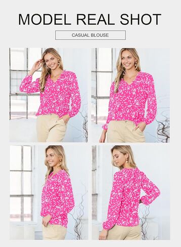 BLENCOT Women's Casual Boho Floral Print Chiffon Blouses Smocked V Neck Long Sleeve Loose Tops Shirts in Kuwait