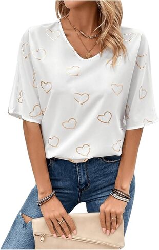 Floerns Women's Casual Heart Print V Neck Blouse Drop Shoulder Half Sleeve Top in Saudi Arabia