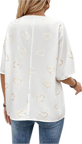 Floerns Women's Casual Heart Print V Neck Blouse Drop Shoulder Half Sleeve Top in Saudi Arabia