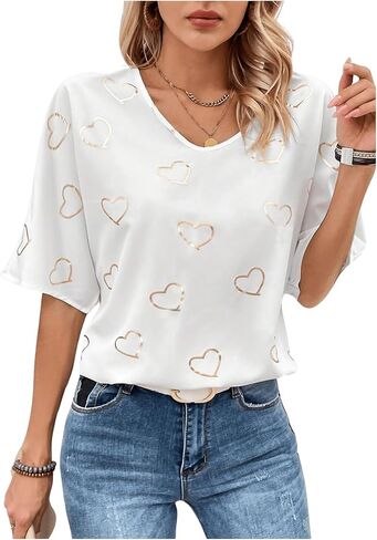 Floerns Women's Casual Heart Print V Neck Blouse Drop Shoulder Half Sleeve Top in Saudi Arabia