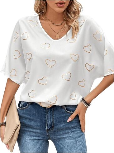 Floerns Women's Casual Heart Print V Neck Blouse Drop Shoulder Half Sleeve Top in Saudi Arabia