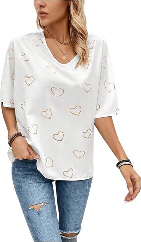 Floerns Women's Casual Heart Print V Neck Blouse Drop Shoulder Half Sleeve Top in Saudi Arabia