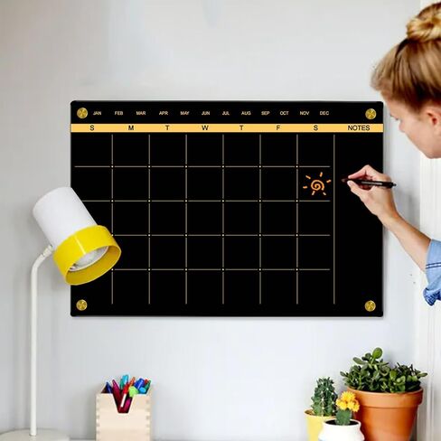 تقويم مسح جاف من الزجاج الأسود للجدار، سبورة بيضاء زجاجية ذات سطح مغناطيسي ذهبي مقاس 30×20 بوصة، قائمة مهام التخطيط بدون إطار لوحة بيضاء للمكتب المدرسي والمنزل (شهر الزجاج-5075) in Kuwait