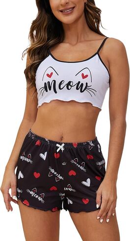 YIJIU Women's Pajamas Set Camisoles Sleepwear Lingerie Cute Print Lettuce Trim Cami Top and Shorts Nightwear in Saudi Arabia