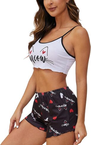 YIJIU Women's Pajamas Set Camisoles Sleepwear Lingerie Cute Print Lettuce Trim Cami Top and Shorts Nightwear in Saudi Arabia