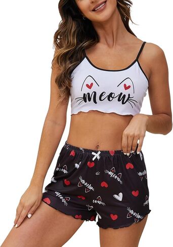 YIJIU Women's Pajamas Set Camisoles Sleepwear Lingerie Cute Print Lettuce Trim Cami Top and Shorts Nightwear in Saudi Arabia