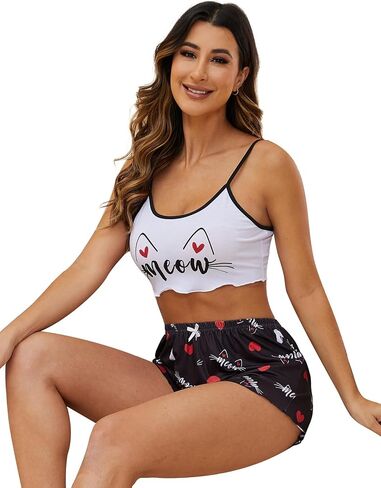 YIJIU Women's Pajamas Set Camisoles Sleepwear Lingerie Cute Print Lettuce Trim Cami Top and Shorts Nightwear in Saudi Arabia