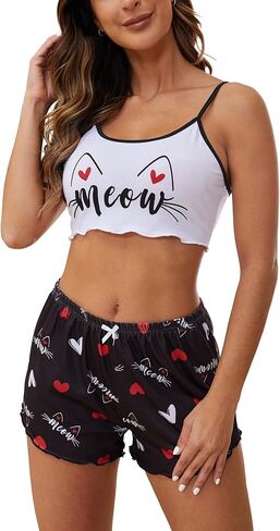 YIJIU Women's Pajamas Set Camisoles Sleepwear Lingerie Cute Print Lettuce Trim Cami Top and Shorts Nightwear in Saudi Arabia