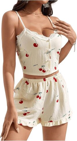 Milumia Women's 2 Piece Pajama Set Cherry Print Lace Trim Cami Top and Shorts Lounge Pj Sets in Saudi Arabia
