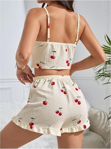 Milumia Women's 2 Piece Pajama Set Cherry Print Lace Trim Cami Top and Shorts Lounge Pj Sets in Saudi Arabia