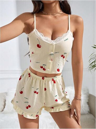 Milumia Women's 2 Piece Pajama Set Cherry Print Lace Trim Cami Top and Shorts Lounge Pj Sets in Saudi Arabia