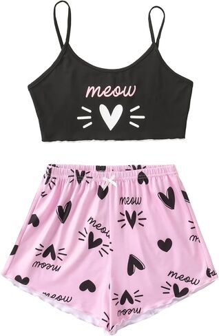 YIJIU Women's Pajamas Set Camisoles Sleepwear Lingerie Cute Print Lettuce Trim Cami Top and Shorts Nightwear in Saudi Arabia