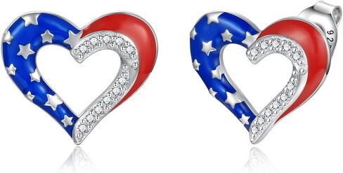 American Flag Heart Earrings - Sterling Silver Red White and Blue Patriotic Stud Hypoallergenic Jewelry Independence Day Gifts for Women Girls in Saudi Arabia
