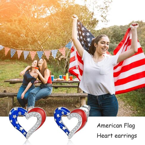 American Flag Heart Earrings - Sterling Silver Red White and Blue Patriotic Stud Hypoallergenic Jewelry Independence Day Gifts for Women Girls in Saudi Arabia