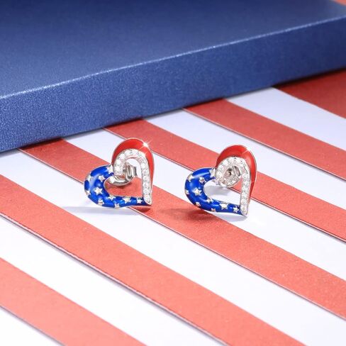 American Flag Heart Earrings - Sterling Silver Red White and Blue Patriotic Stud Hypoallergenic Jewelry Independence Day Gifts for Women Girls in Saudi Arabia