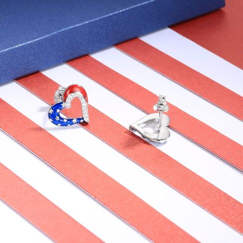 American Flag Heart Earrings - Sterling Silver Red White and Blue Patriotic Stud Hypoallergenic Jewelry Independence Day Gifts for Women Girls in Saudi Arabia