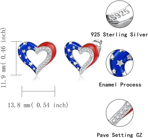 American Flag Heart Earrings - Sterling Silver Red White and Blue Patriotic Stud Hypoallergenic Jewelry Independence Day Gifts for Women Girls in Saudi Arabia
