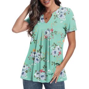 YVH Women's Pleated Tunic Tops Henley Shirt V Neck Casual Loose Short Sleeve Flower Blouse Shirt Tops