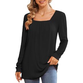 BISHUIGE Womens Casual Fall Top Square Neck Loose Tunic Pleated Sweatshirt