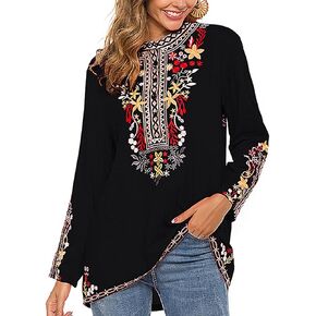 AK Women's Mexican Boho Embroidered Tops Long Sleeve Peasant Casual Loose Tunics Fall Blouse Shirts for Women