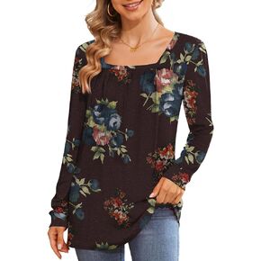 BISHUIGE Womens Casual Fall Top Square Neck Loose Tunic Pleated Sweatshirt