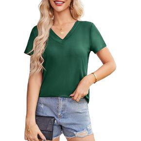 Beluring Womens Summer Shirts Pleated V Neck Short Sleeve Curved Hem Casual Tops in Kuwait