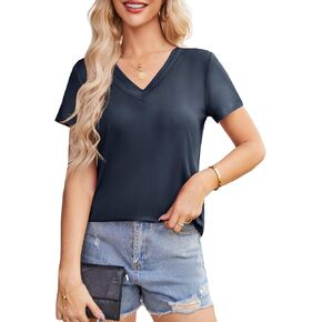 Beluring Womens Summer Shirts Pleated V Neck Short Sleeve Curved Hem Casual Tops
